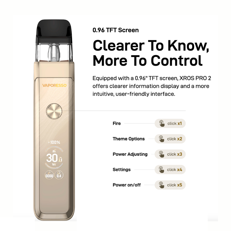 Vape device with a 0.96" TFT screen and control options on a white background