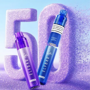 Two ELF BAR vape devices, one purple and one blue, on a glittery purple background.