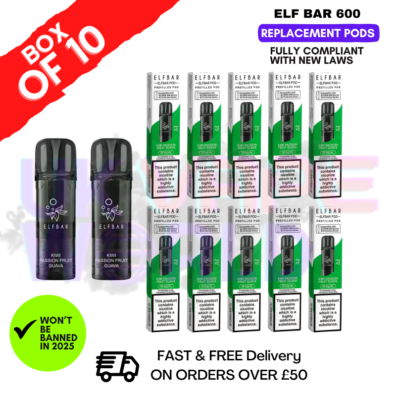Elf Bar 600 Puff Kiwi Passionfruit Guava Replacement Pods Box of 10