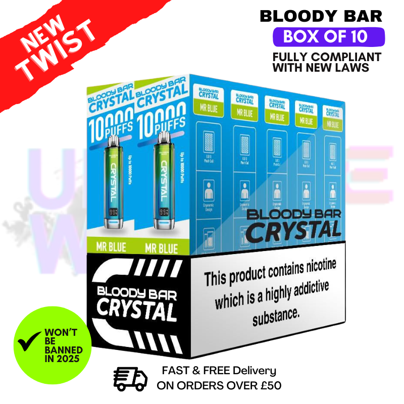 Shop Mr Blue Bloody Bar Crystal 10K Puff Box Of 10 - UK Vape World