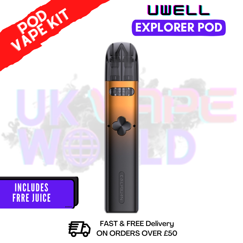 Orange & Black Uwell Caliburn Explorer Pod Kit + Free Nic Salt