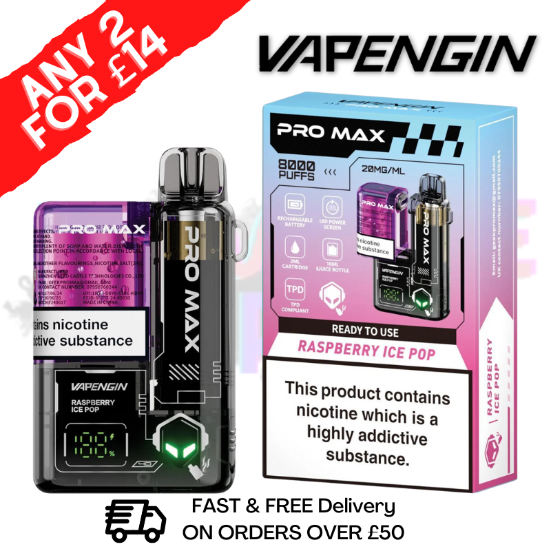 Shop Rasbperry Ice Pop VapenGin Pro Max 8000 Puff 8K Bar - UK Vape World