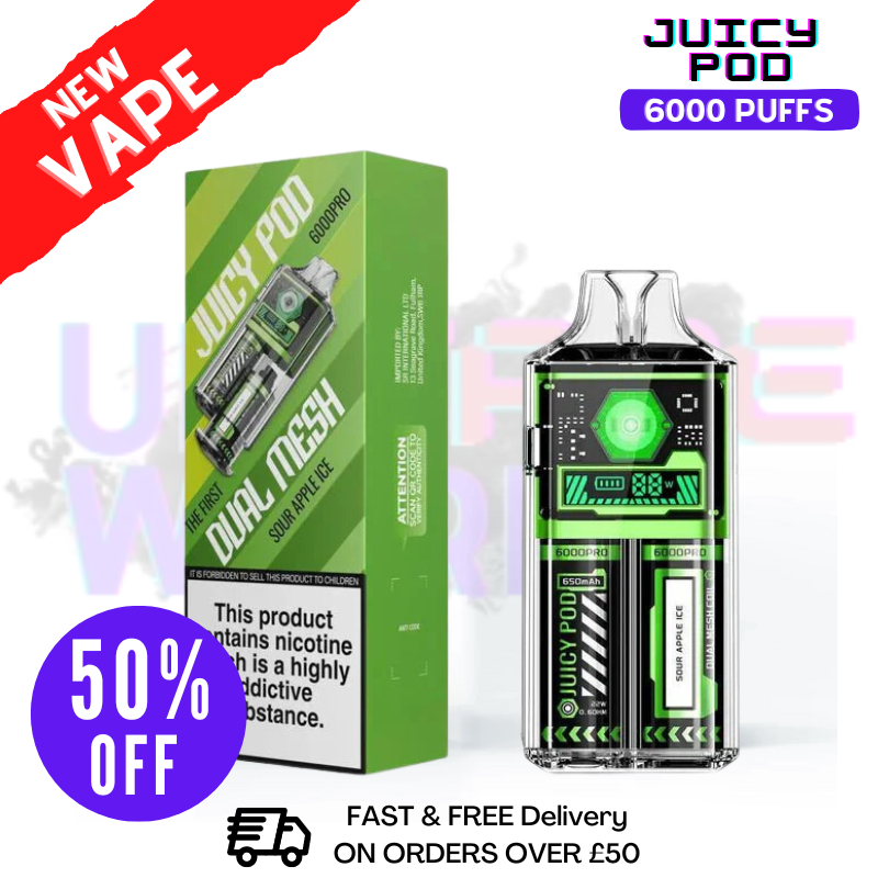 Shop Juicy Pod 6000 Pro Sour Apple Bar - ONLY £6.99 - UK Vape World