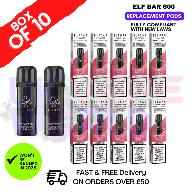 Elf Bar 600puff Strawberry Raspberry Cherry Ice Flavour Box of 10 ...