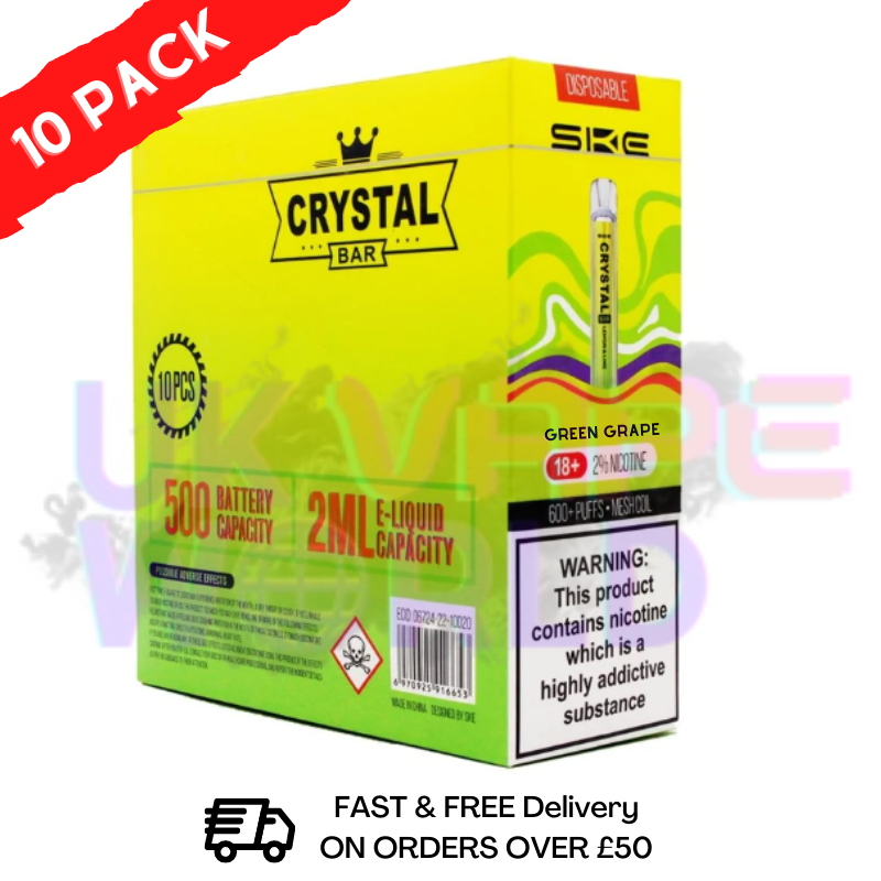 Green Grape - Crystal Bar Puffs 600 SKE Box Of 10 Disposable Bars - UK Vape World