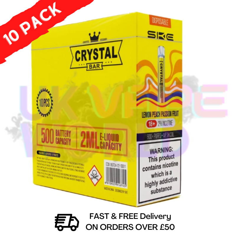 Lemon Peach Passion Fruit - Crystal Bar Puffs 600 SKE Box Of 10 Disposable Bars - UK Vape World