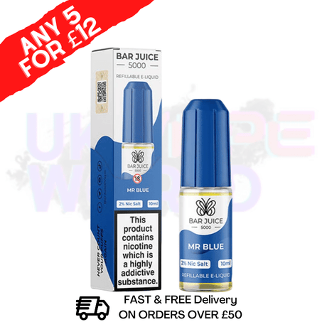 Bar Juice 5000's Mr Blue Nic Salt a great combination of sweet and tangy flavor. Derived from natural ingredients - UK Vape World