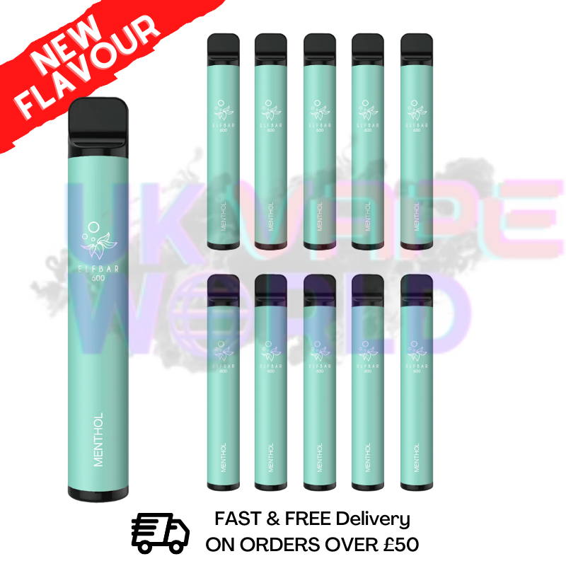 Elf Bar 600puff Box of 10 Bar - Menthol - UK Vape World - Free Delivery