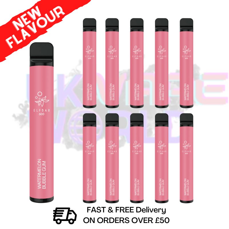 Elf Bar 600puff - Watermelon Bubblegum Flavour Box of 10 - UK Vape World