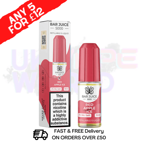 Bar Juice 5000's Red Apple ICE Nic Salt sweet and crisp flavour of red apple with a frosty note of ice menthol - UK Vape World