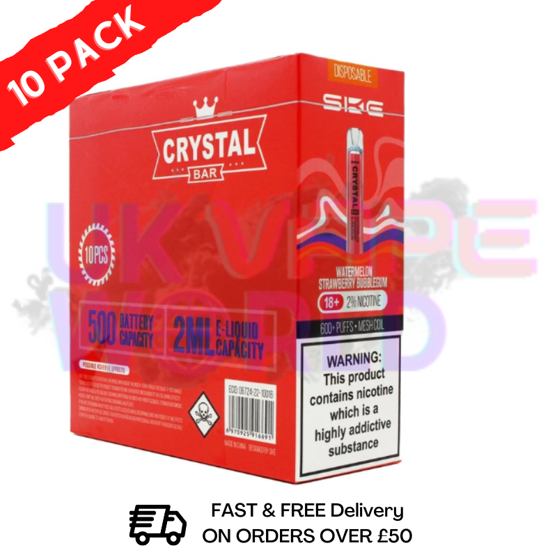 Watermelon Strawberry Bubblegum - Crystal Bar Puffs 600 SKE Box Of 10 Disposable Bars - UK Vape World